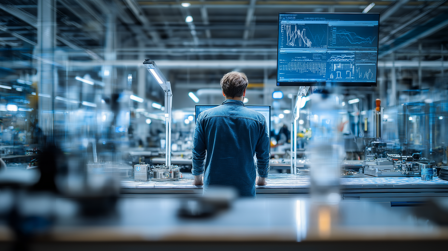 Person standing in a modern factory surrounded by machinery, looking at a large digital screen displaying data and graphs.