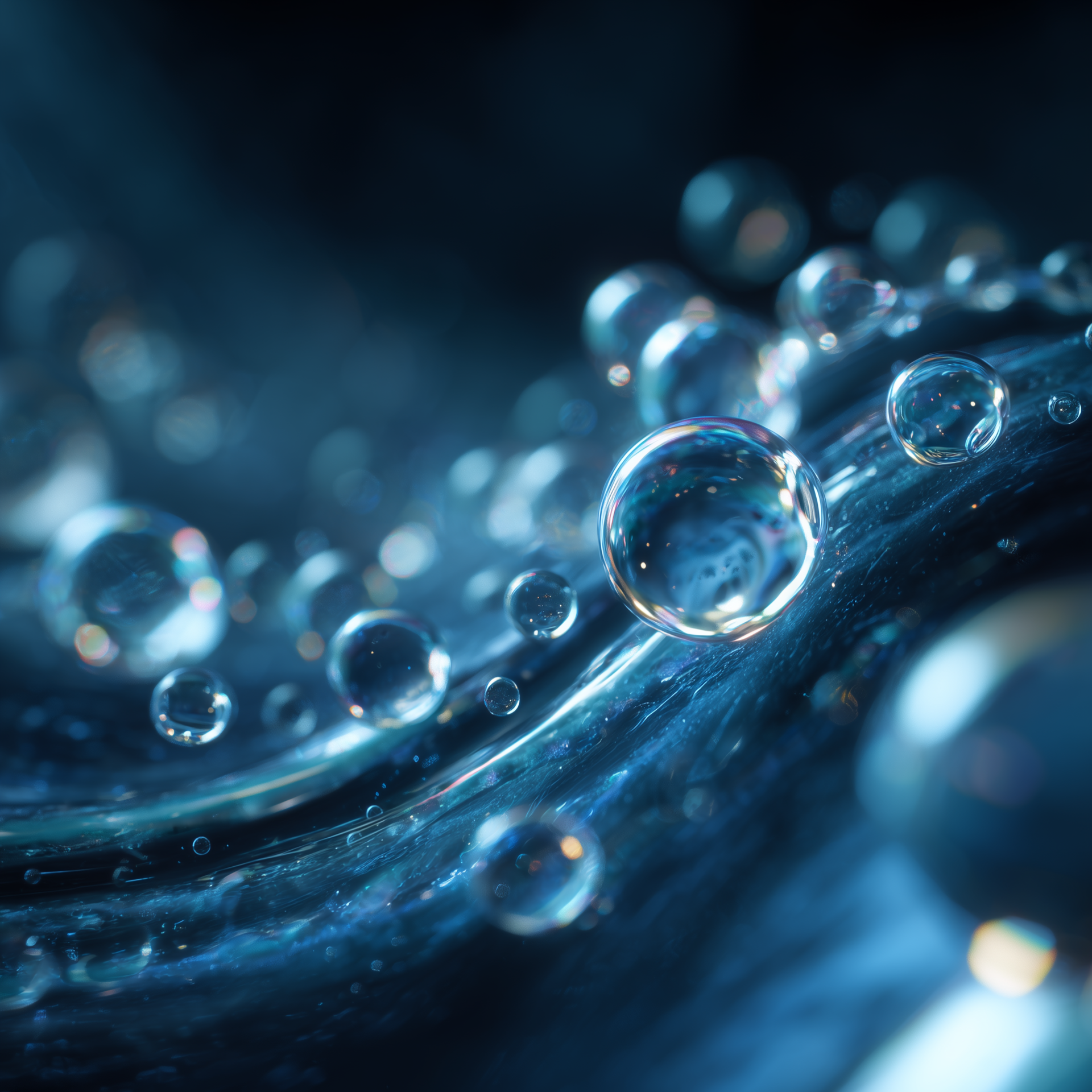 Close-up of coolant droplets on a surface with a dark background.