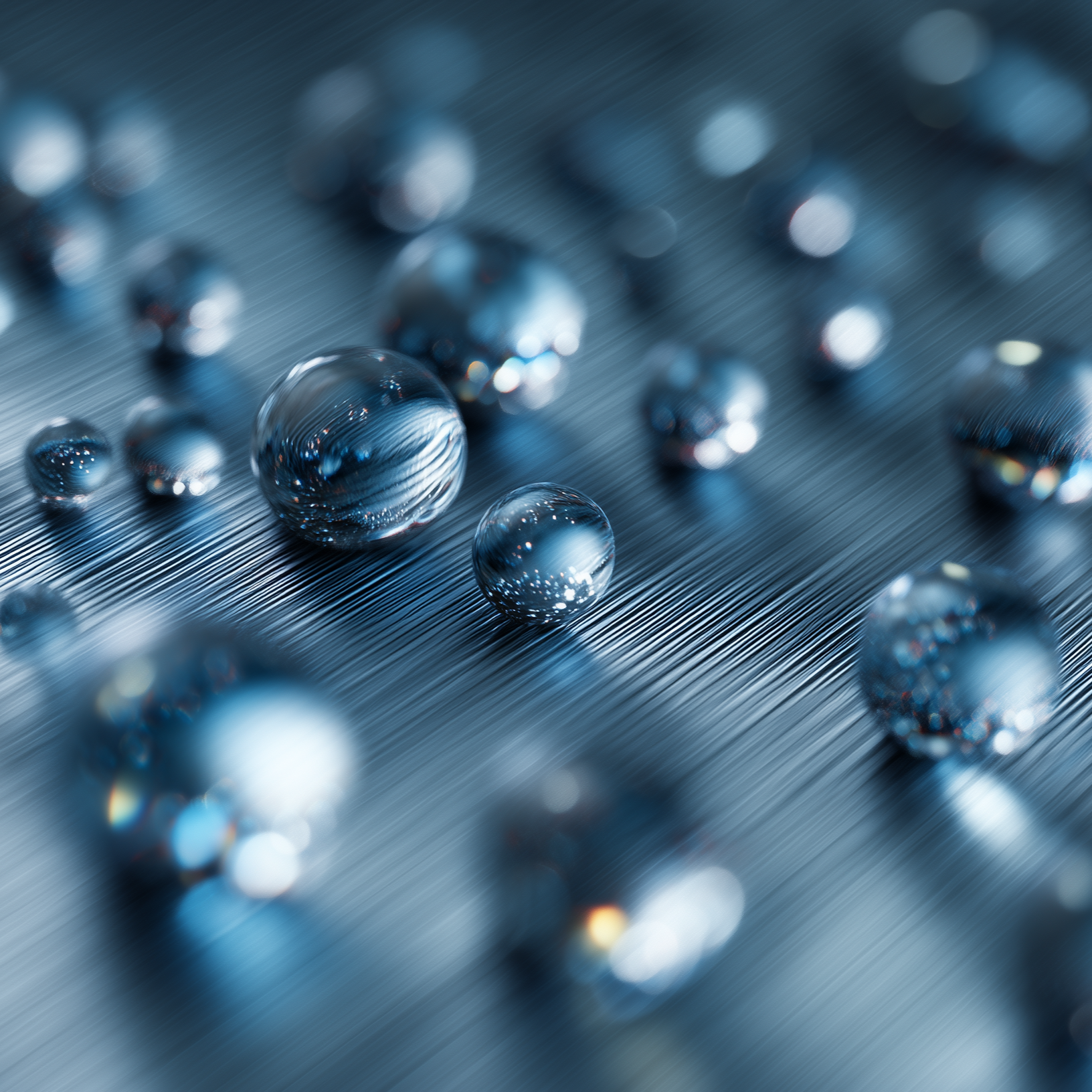 Close-up of metallic coolant droplets on a textured surface.