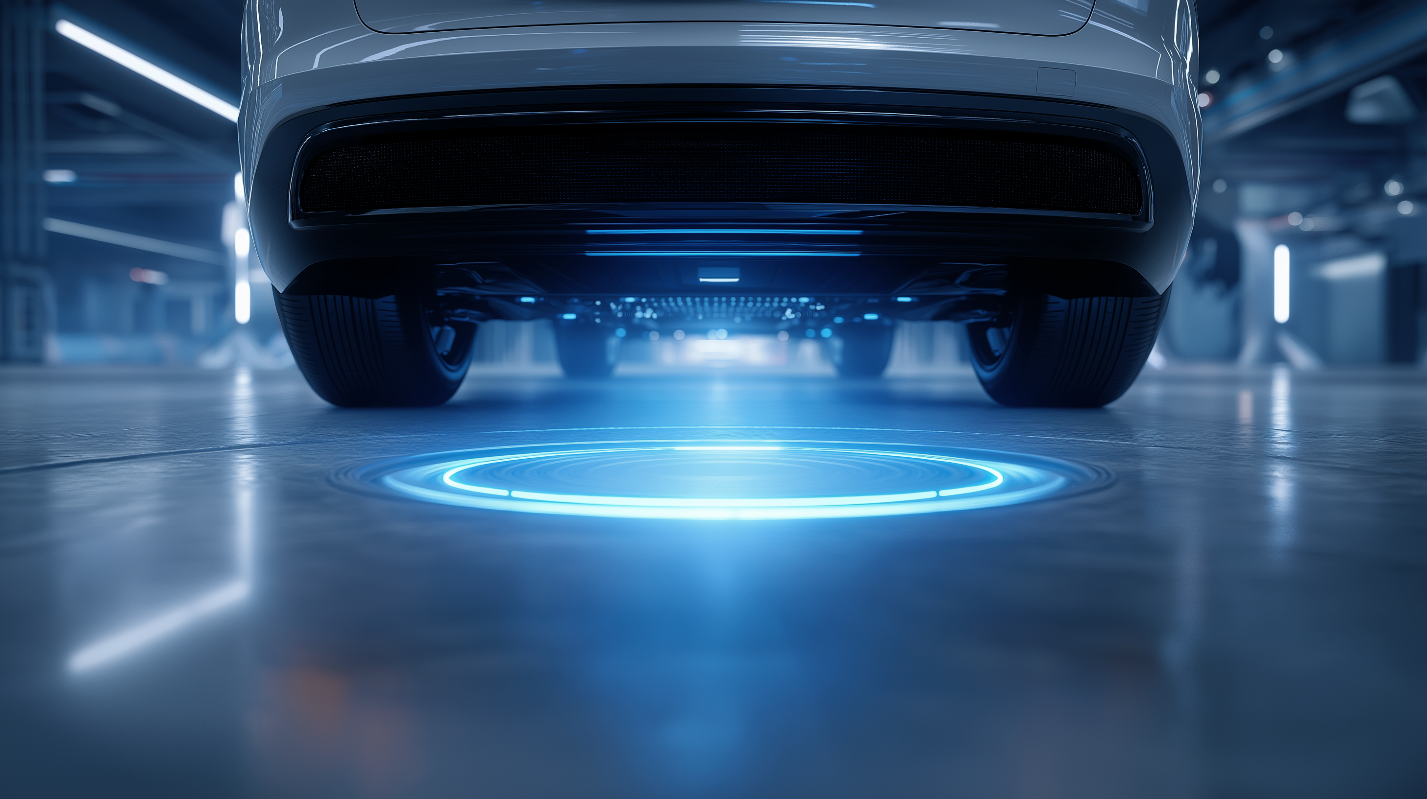 Car approaching a glowing blue circular sensor on a reflective floor.