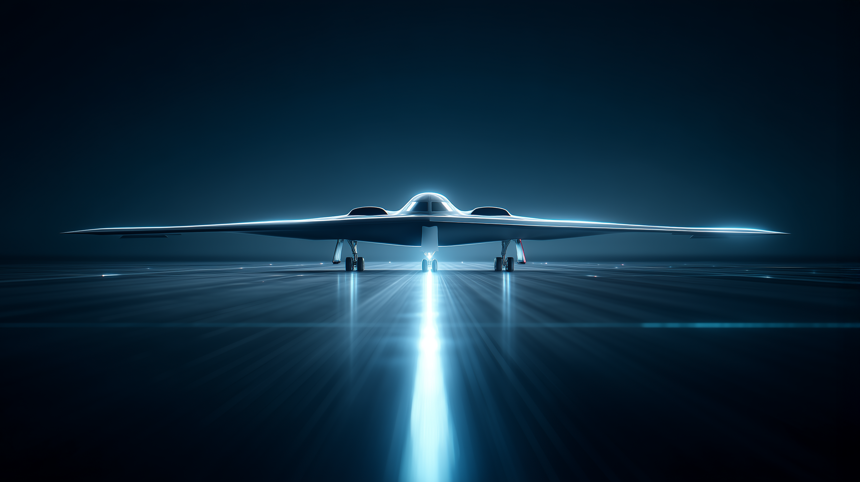 Silhouette of a stealth bomber on a runway with a dark background.