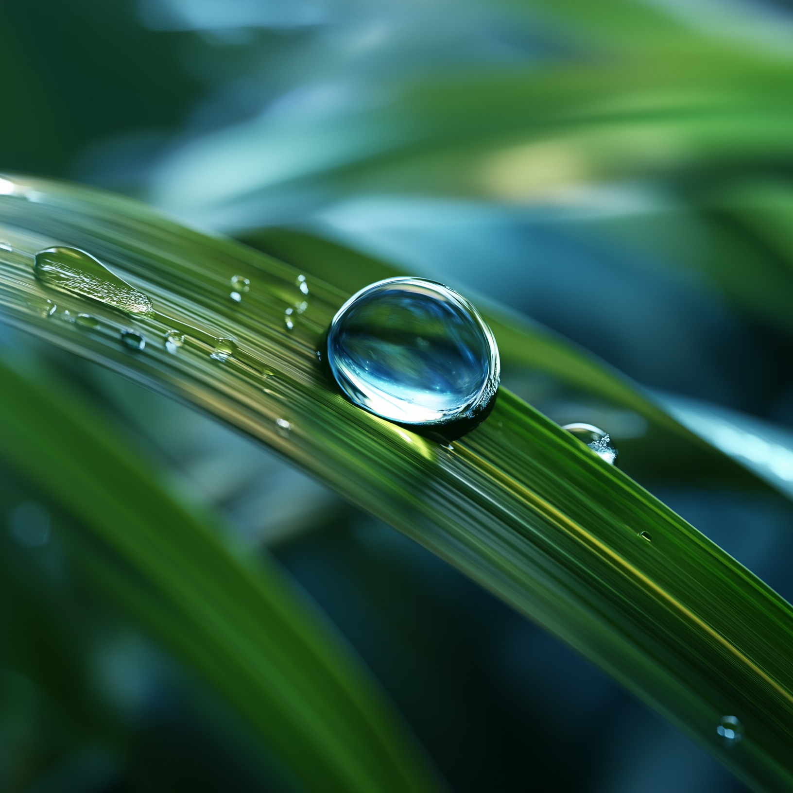 Coolant droplet on a grass blade with a blurred green background.
