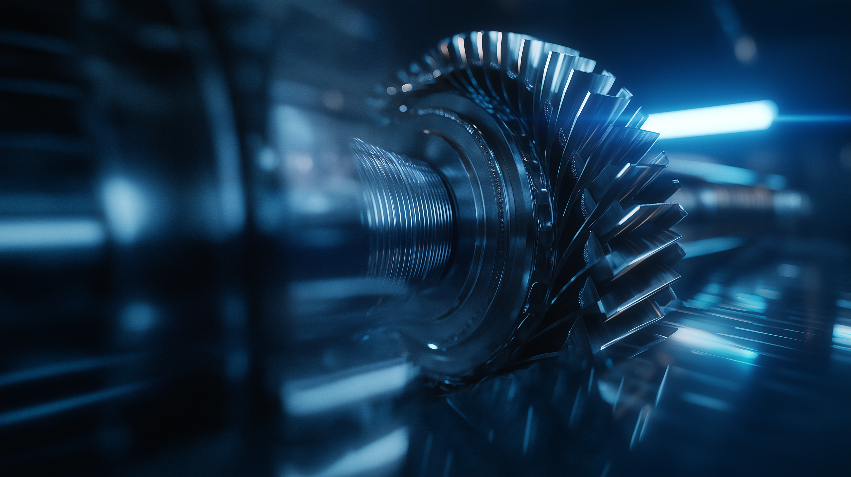 Close-up of a gear with a futuristic design in blue tones.