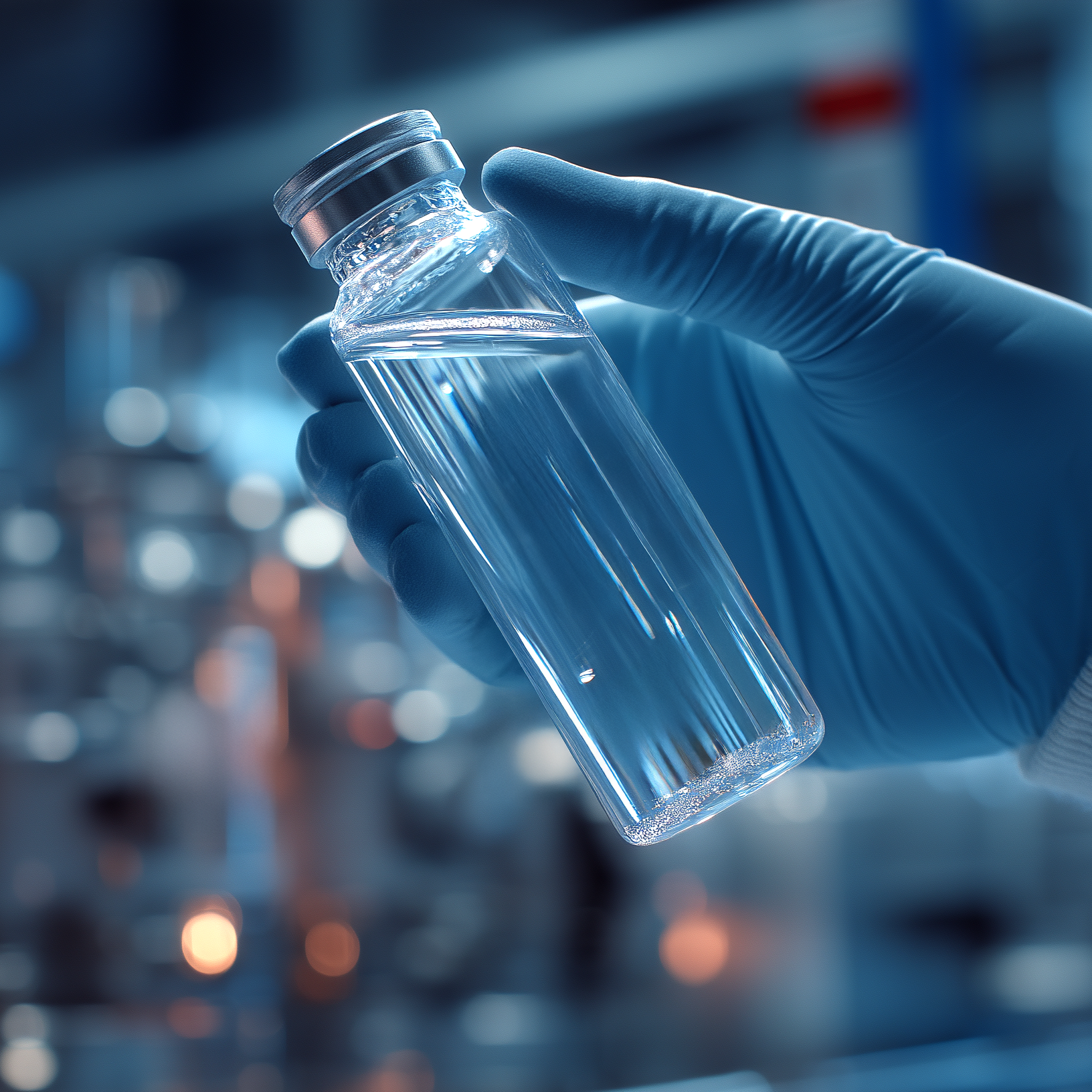 Person holding a vial of Oemeta coolant in a laboratory setting.